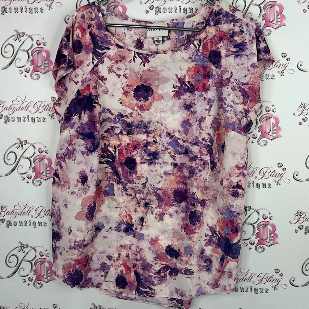Ava & Viv tshirt watercolor Floral Print Blouse in Pink and Purple